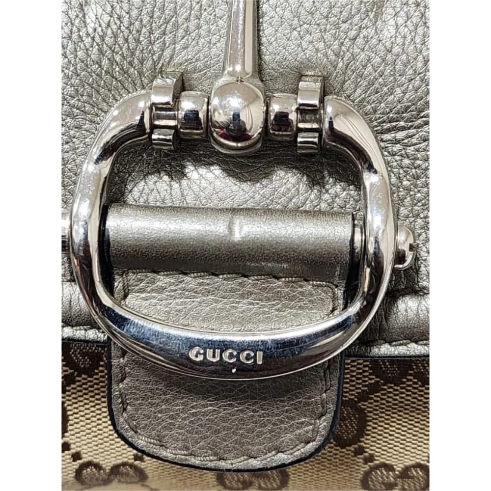 Authentic Gucci Medium GG Canvas Techno Horsebit Flap Hobo Bag Grey/Beige